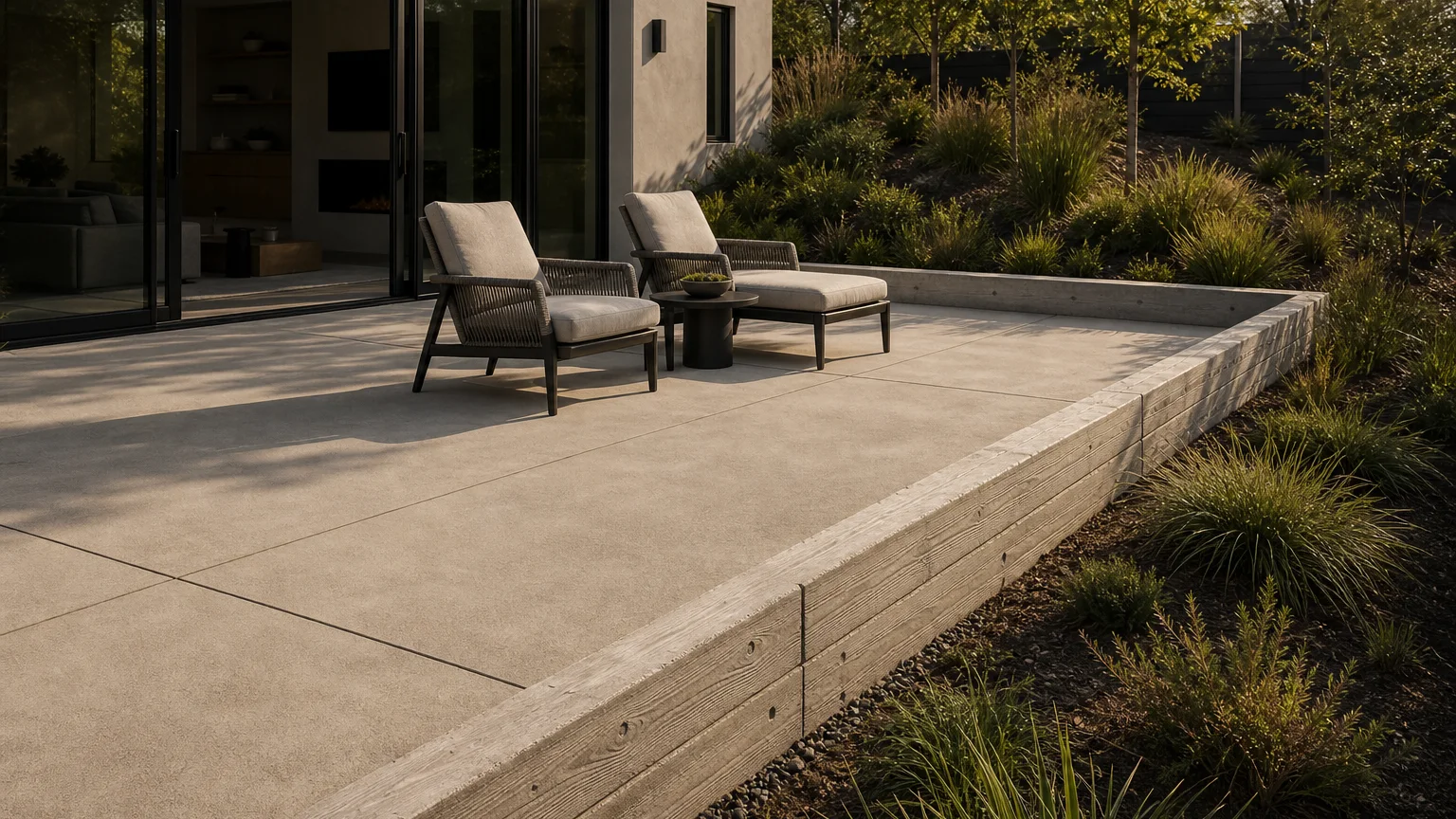 Concrete lounge terrace with a low board-formed retaining edge and native grass planting.