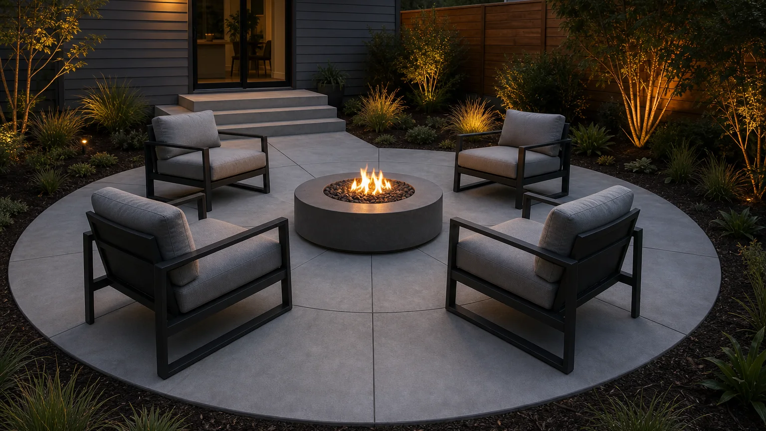Circular concrete fire-pit terrace with four lounge chairs and a low planted garden edge.
