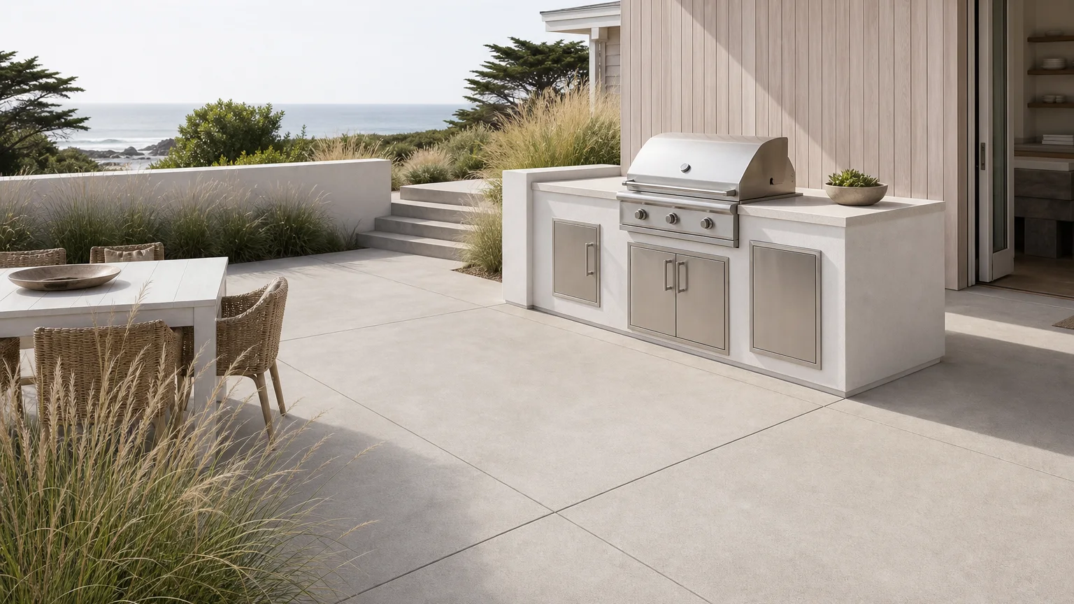 Coastal-style outdoor kitchen on a pale concrete patio with woven dining chairs and grasses.