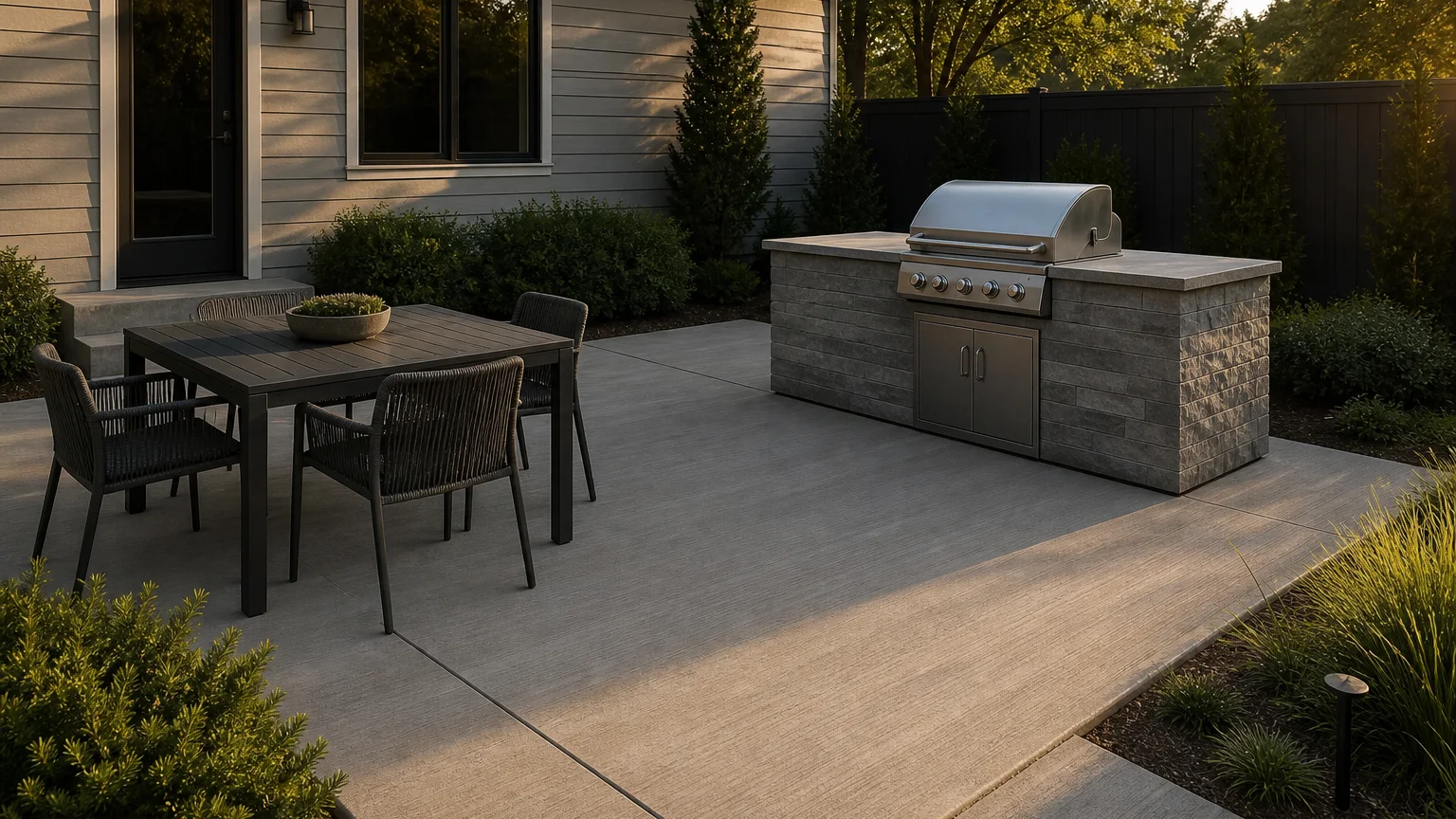 Compact masonry grill island on a small concrete patio with simple outdoor dining.