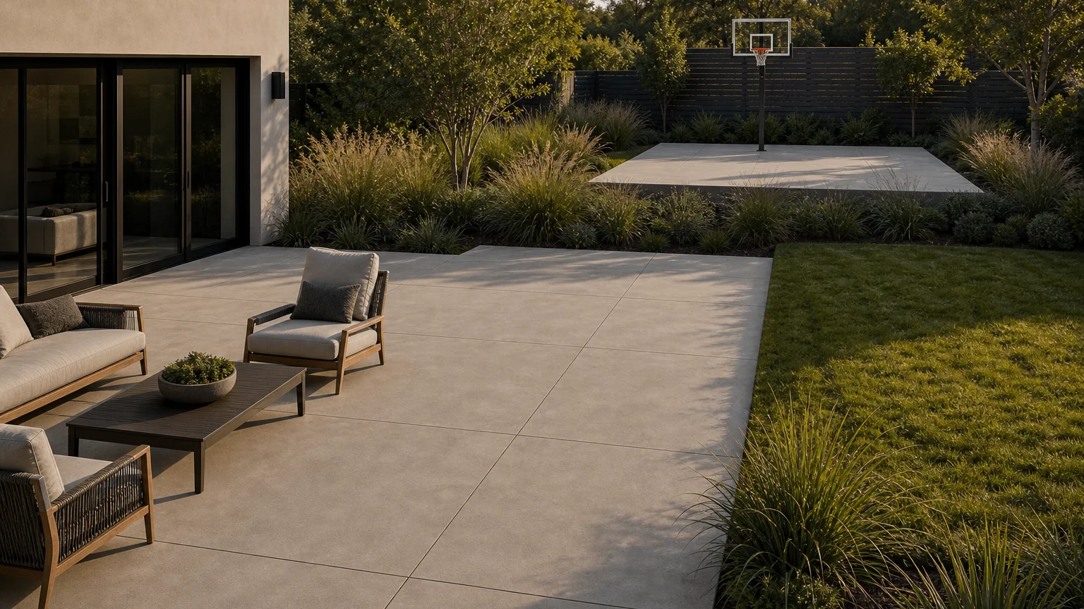 Concrete backyard activity zone with a separate recreational pad, lounge terrace, and planting buffer.