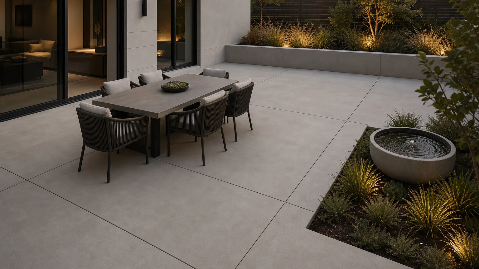 Concrete dining courtyard with a small water bowl, low planting, and a modern outdoor table.