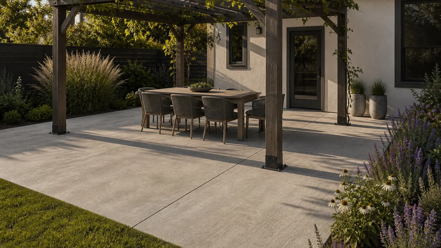 Concrete dining patio beneath a freestanding pergola with grapevines and simple garden planting.