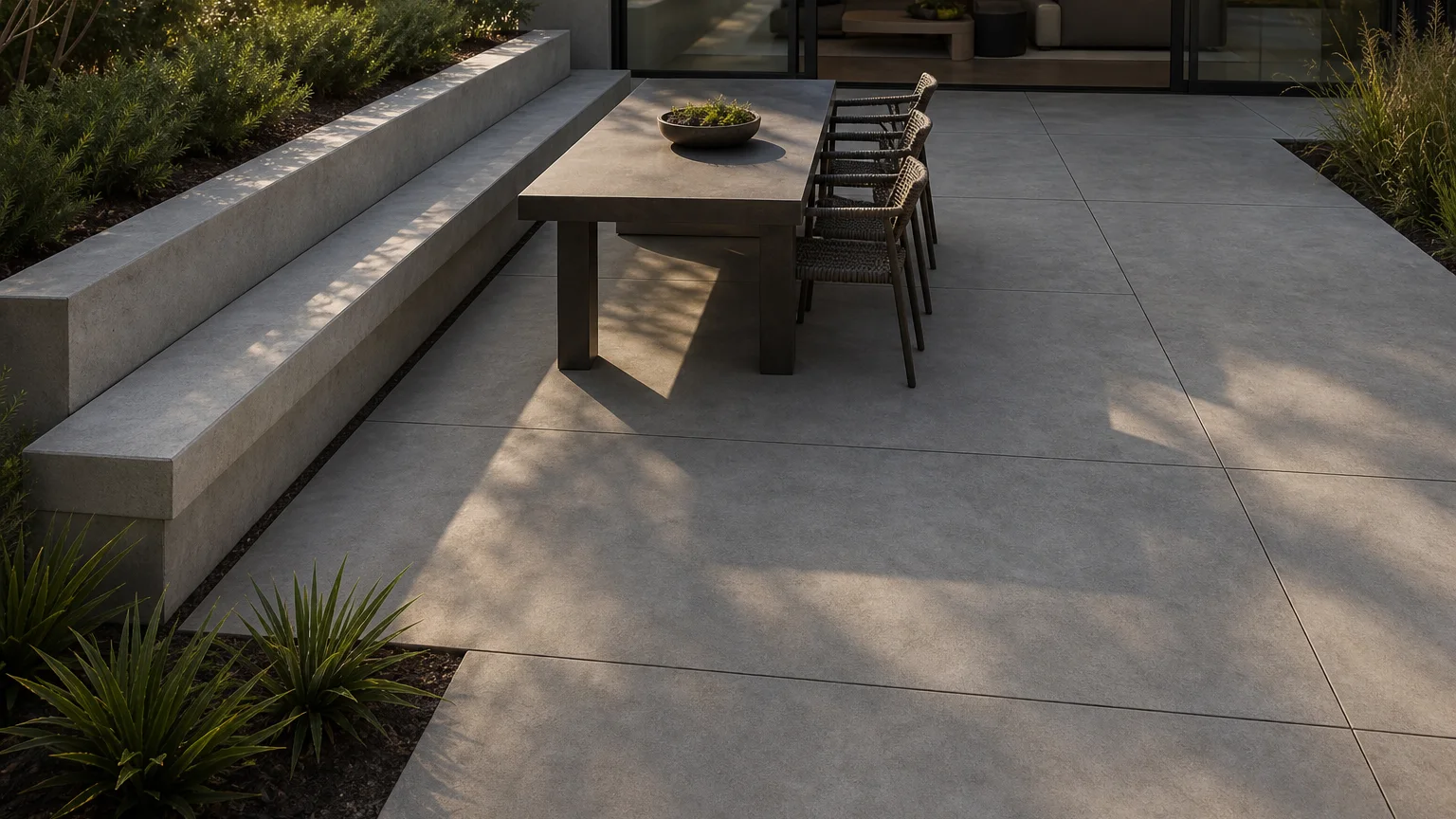 Concrete dining patio with an integrated bench, rectangular table, and low evergreen planting.