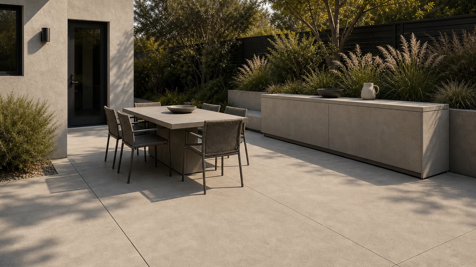 Concrete dining terrace with a low buffet wall, simple table setting, and planted edge.