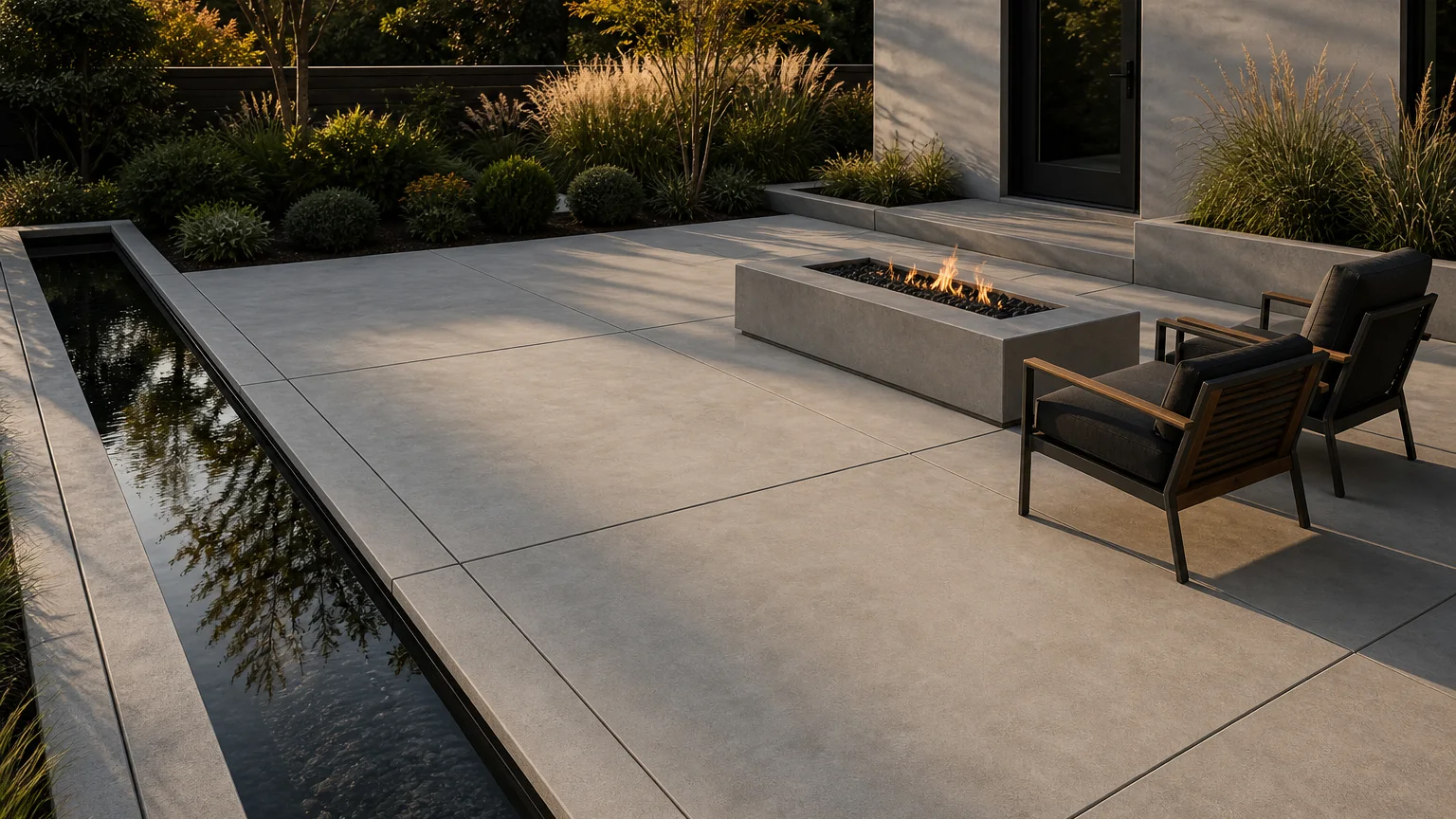 Concrete fire lounge beside a narrow reflecting water feature and structured garden planting.