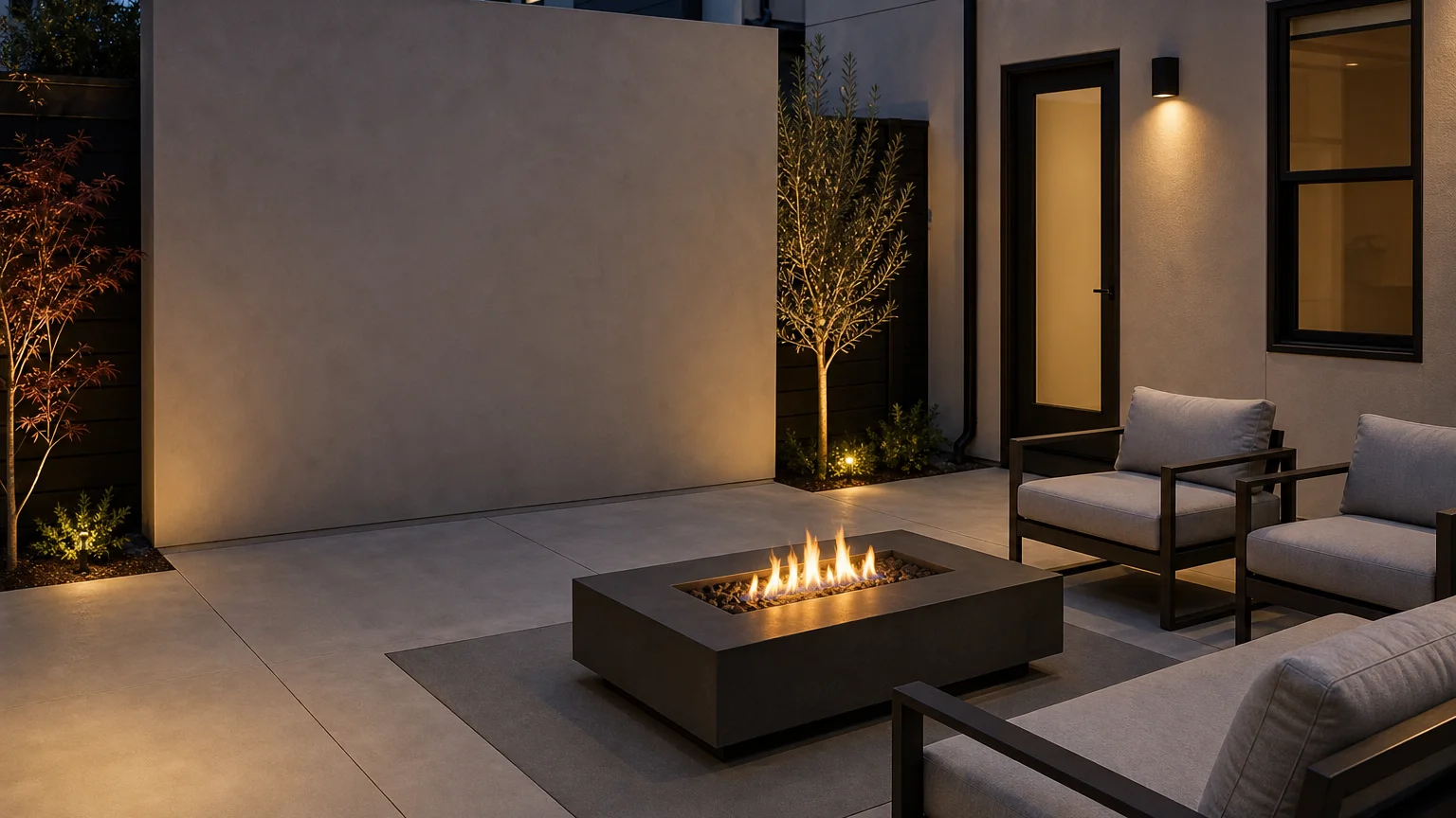 Concrete courtyard combining a low gas fire table, blank projection wall, and compact lounge seating.