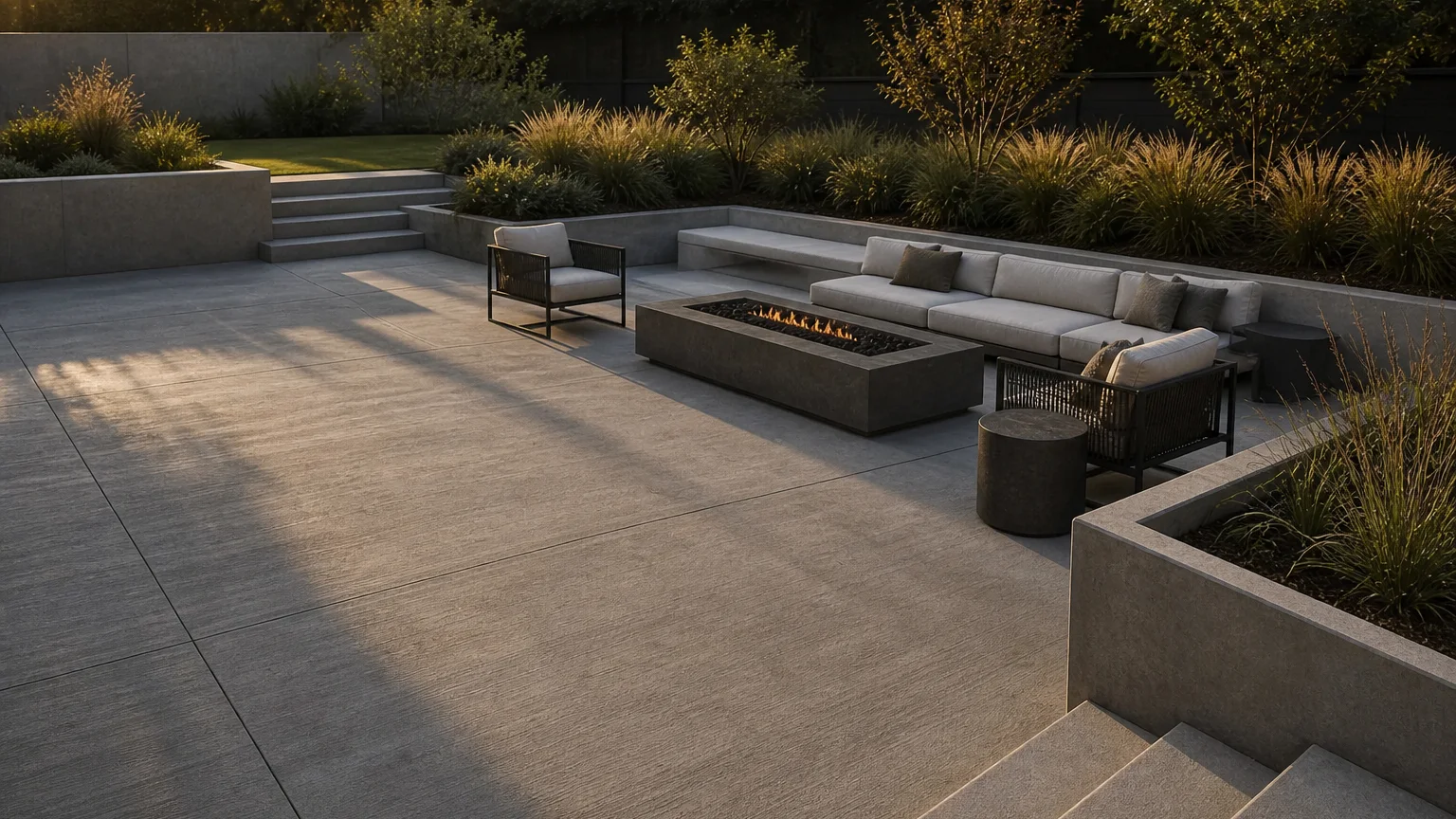 Concrete fire-pit terrace with low stepped planting edges and a simple outdoor lounge arrangement.