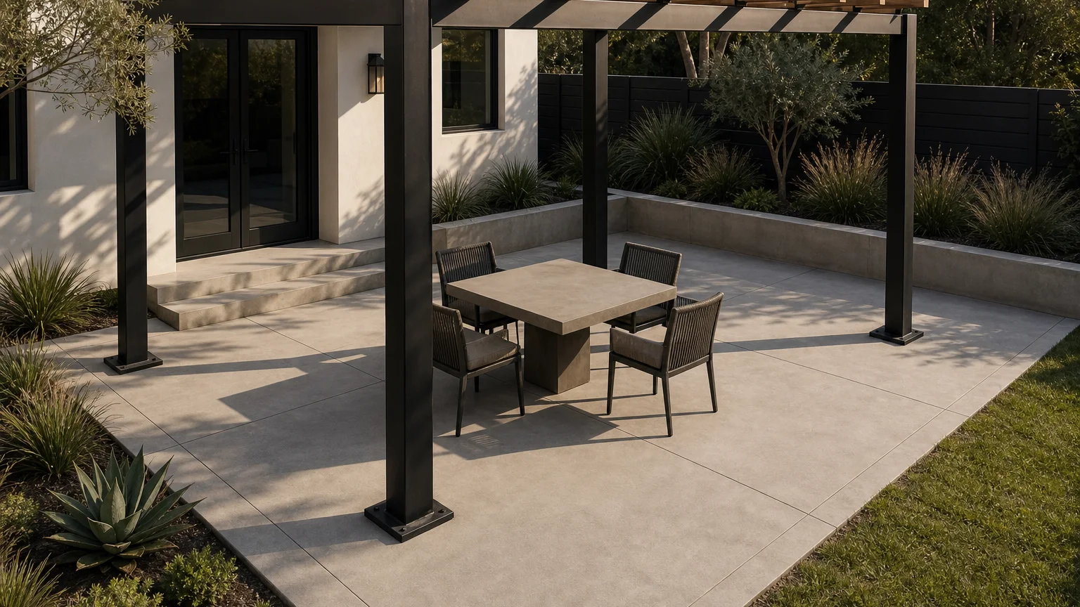 Concrete entertainment patio with a game table under an open pergola and low garden planting.