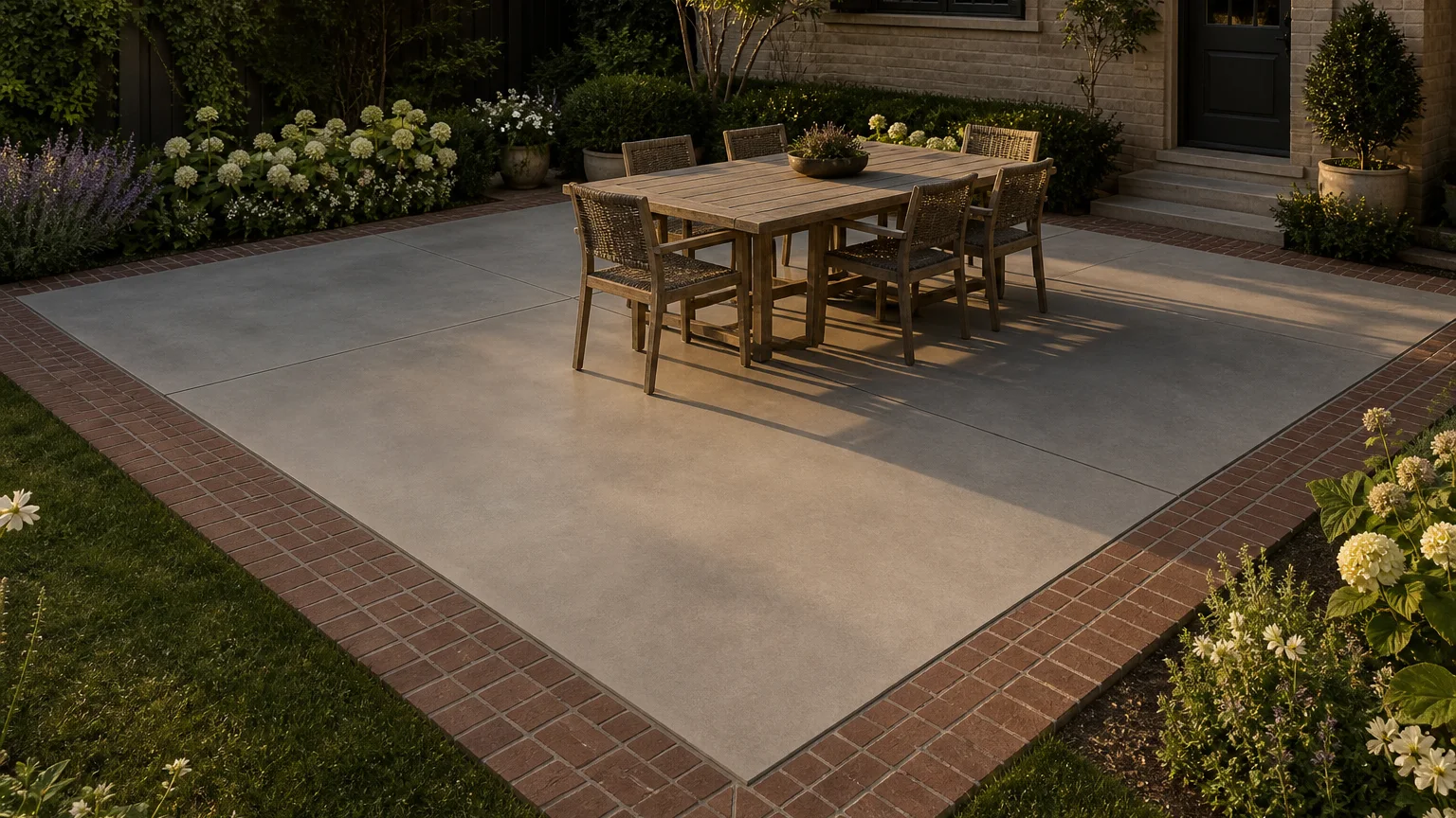 Concrete garden dining terrace with a wide brick inlay border and flowering planting.