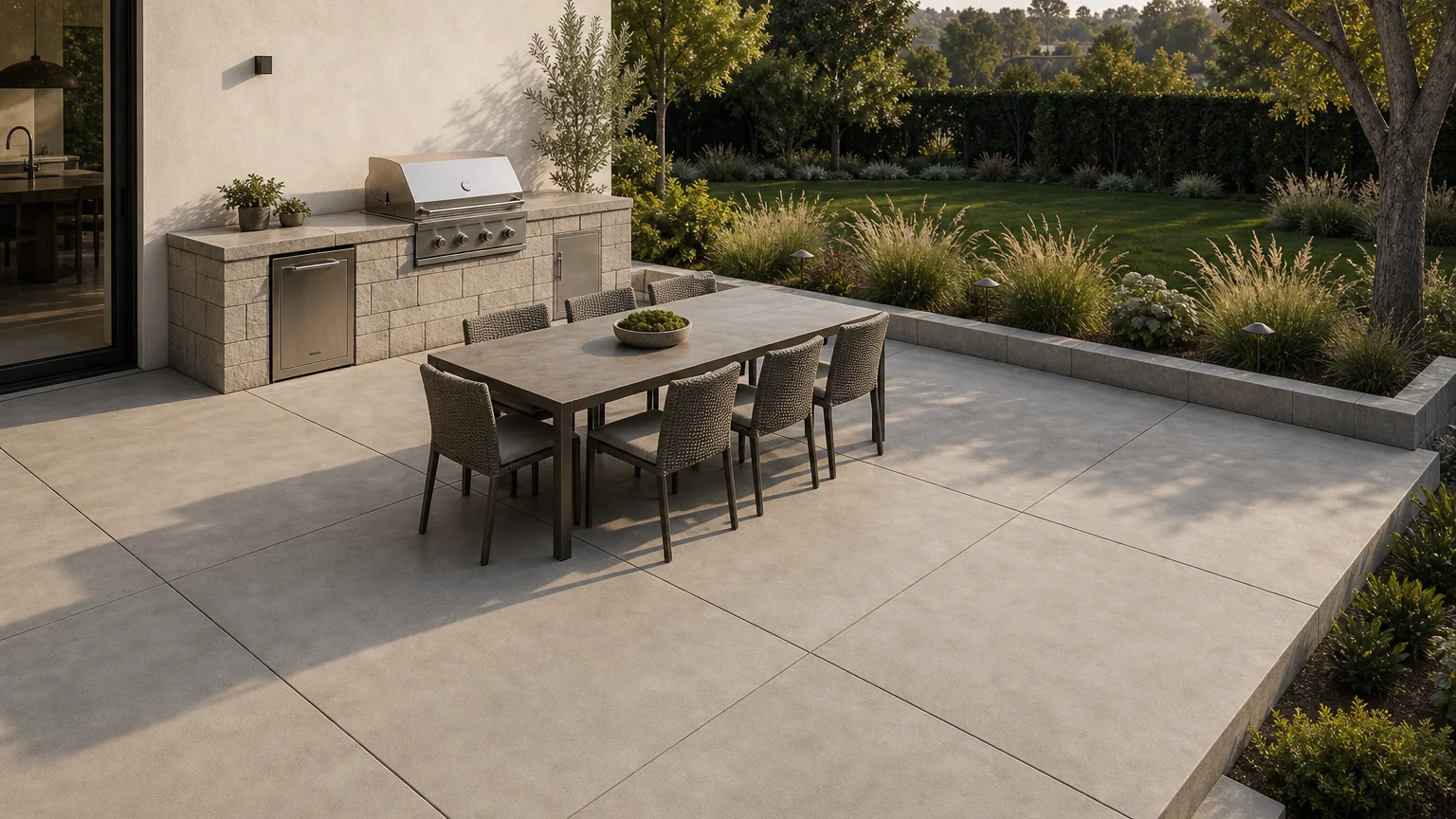 Concrete kitchen terrace with a compact grill counter and a framed view toward a landscaped garden.