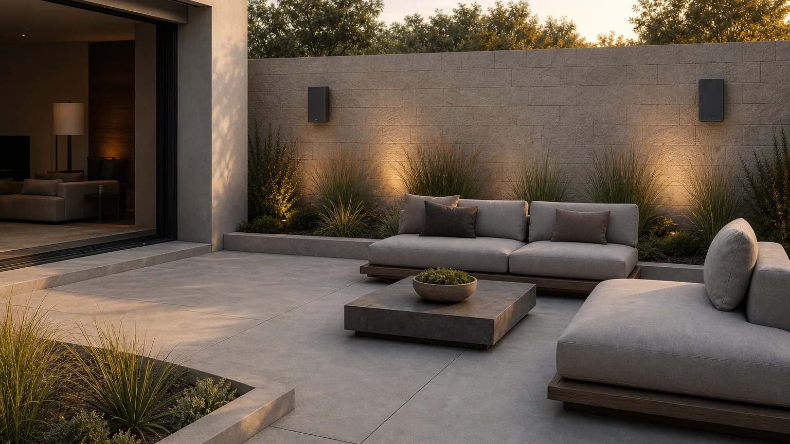 Concrete lounge patio with an architectural garden wall, low seating, and integrated soft lighting.