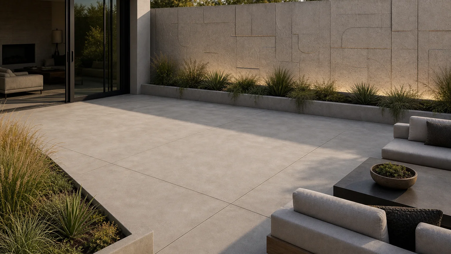Concrete lounge courtyard with a textured blank art wall, modern seating, and low planting.
