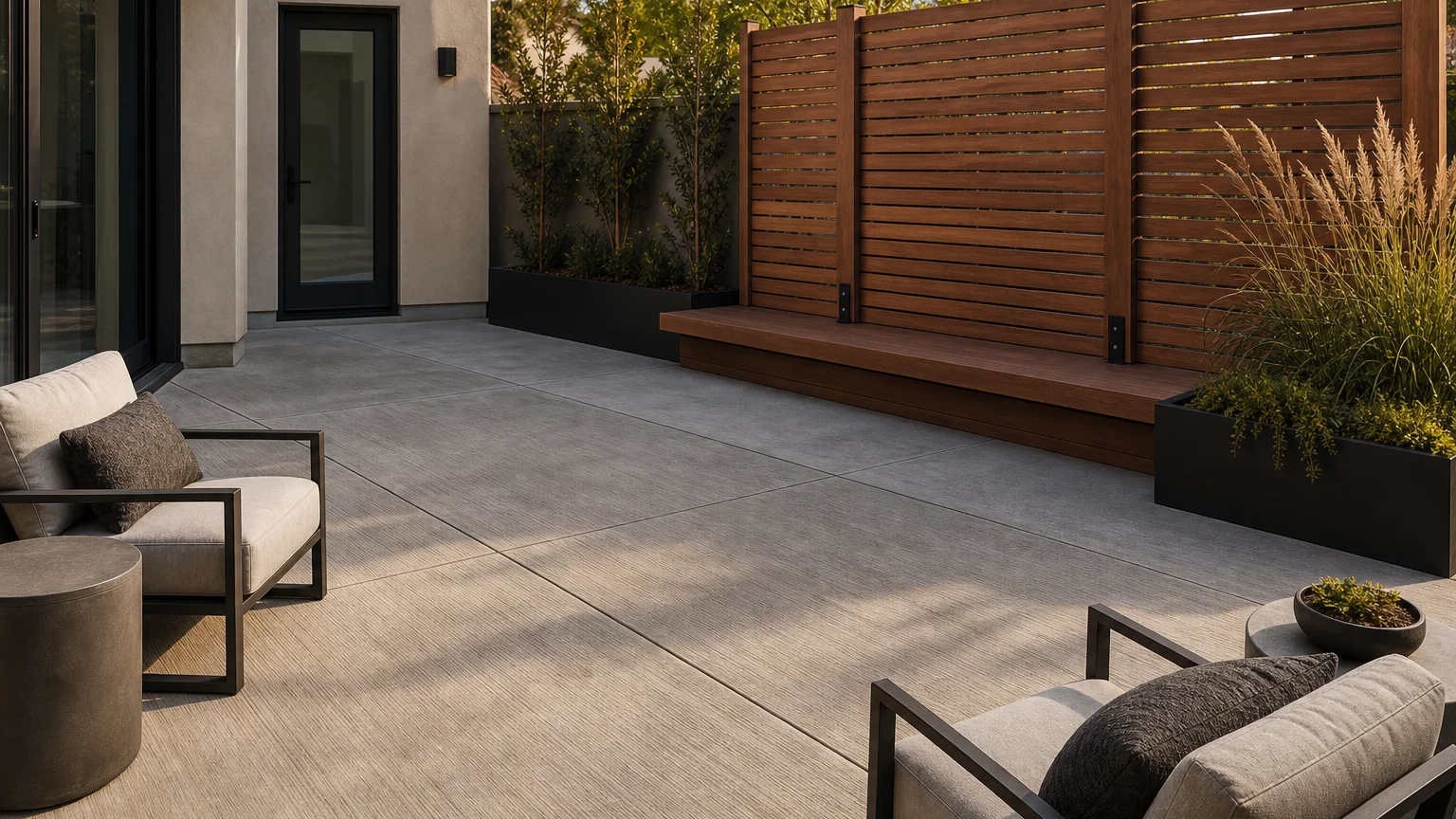Concrete lounge courtyard with a cedar privacy screen, built-in bench, and modern planting.