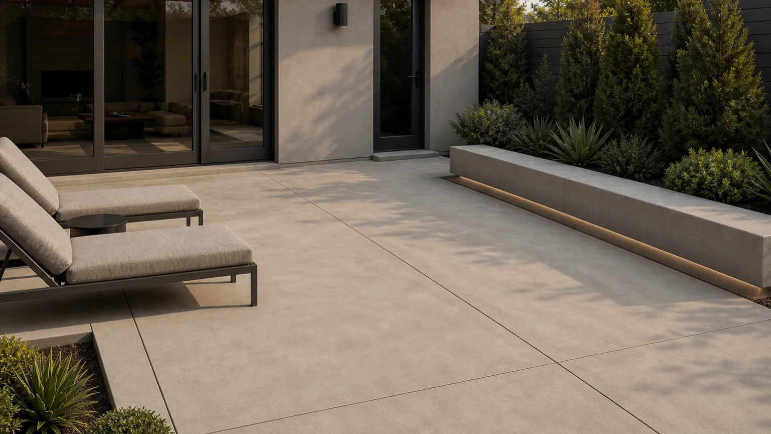 Concrete lounge courtyard with a low planter bench, two lounge chairs, and structured evergreen planting.