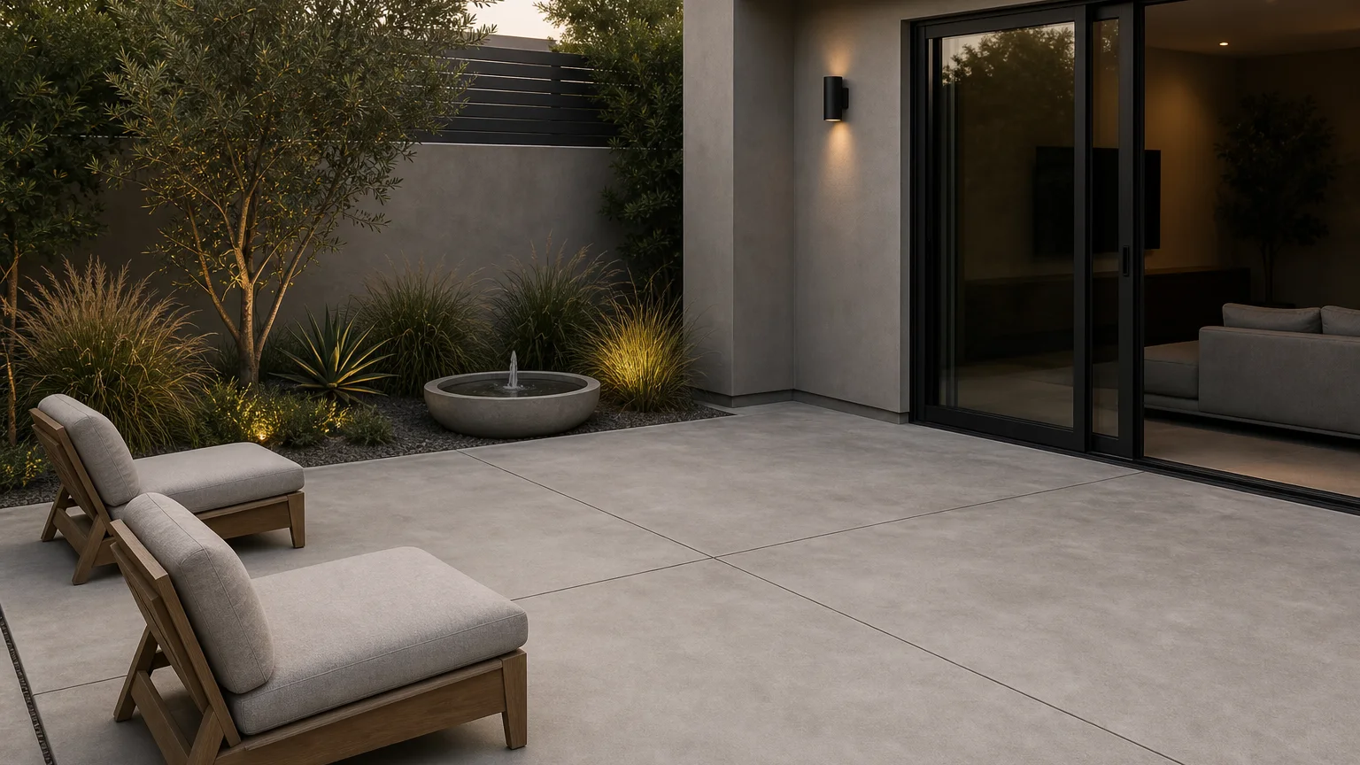 Concrete lounge courtyard with a low water bowl, simple seating, and soft planting.