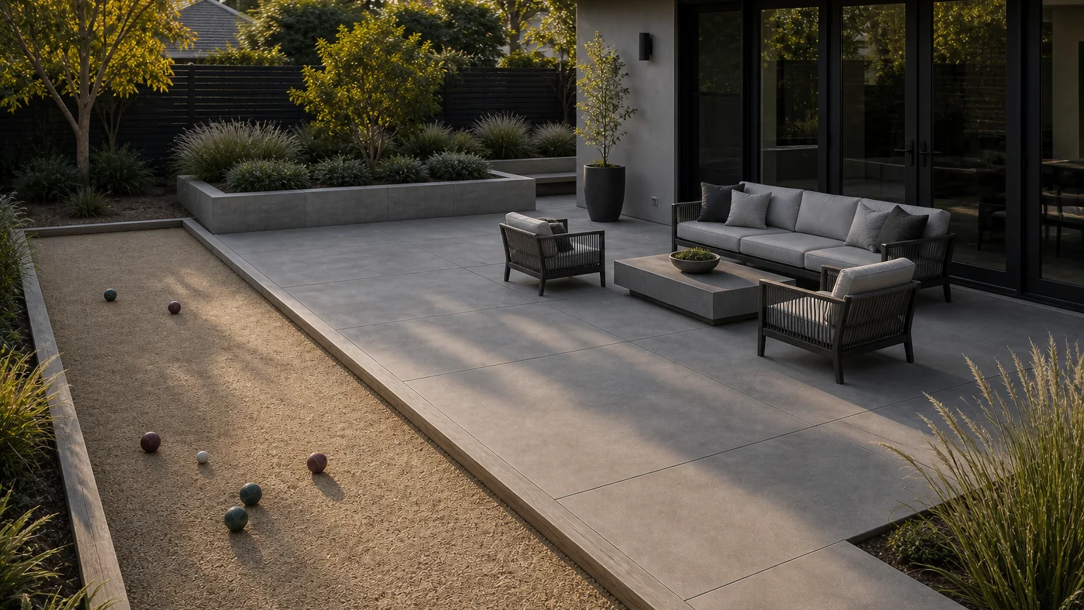 Concrete entertainment patio beside a compact bocce court and outdoor lounge seating.