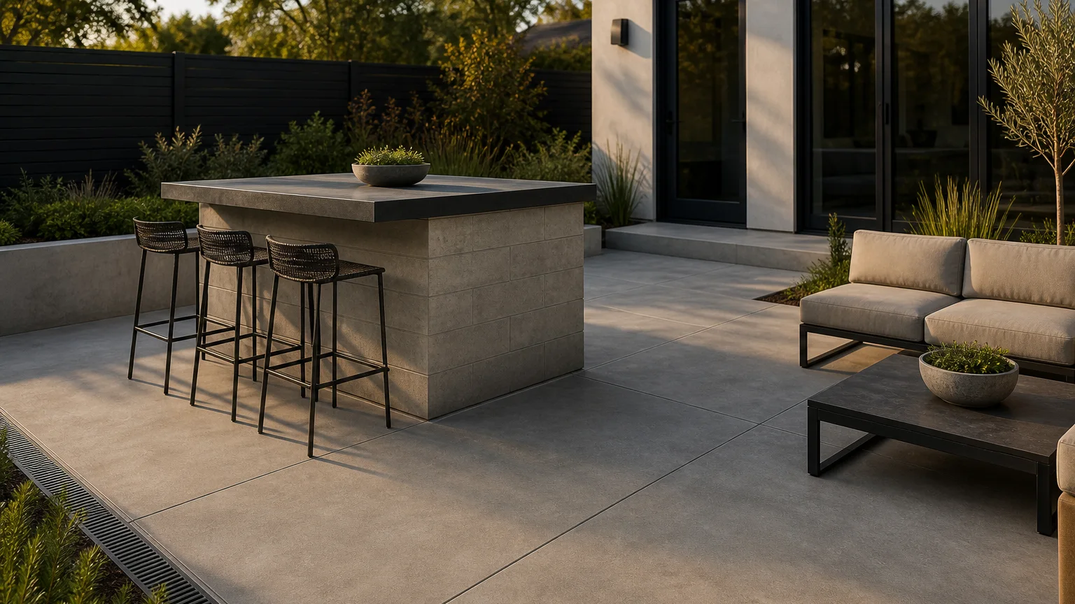 Concrete patio with a compact masonry bar counter, stools, and a planted backyard edge.