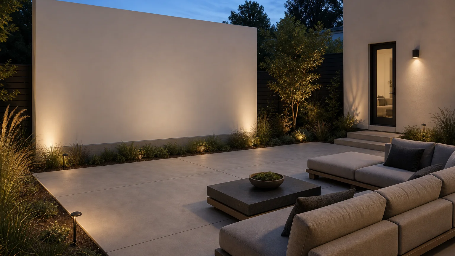 Concrete entertainment patio with a blank projection wall, modular lounge seating, and subtle path lighting.