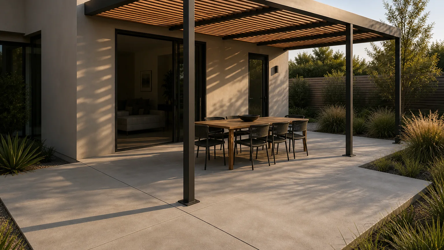 Concrete veranda with a slatted shade roof, dining table, and simple backyard planting.
