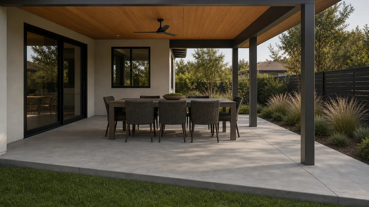 Covered concrete dining patio with a warm wood soffit, ceiling fan, and garden view.