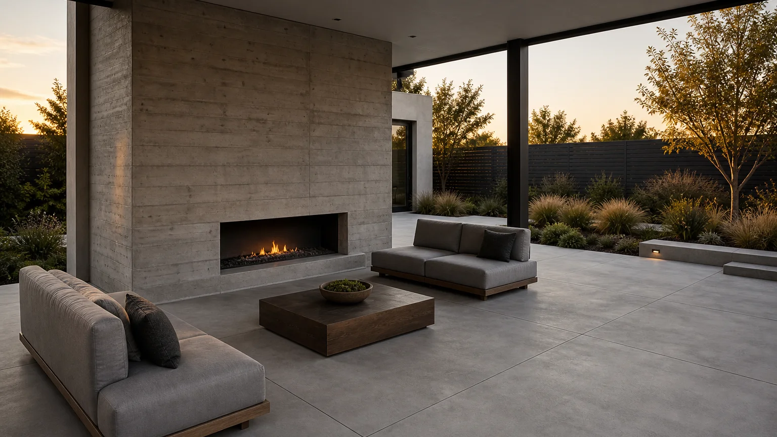 Covered concrete patio with a board-formed fireplace wall, lounge seating, and modern landscaping.