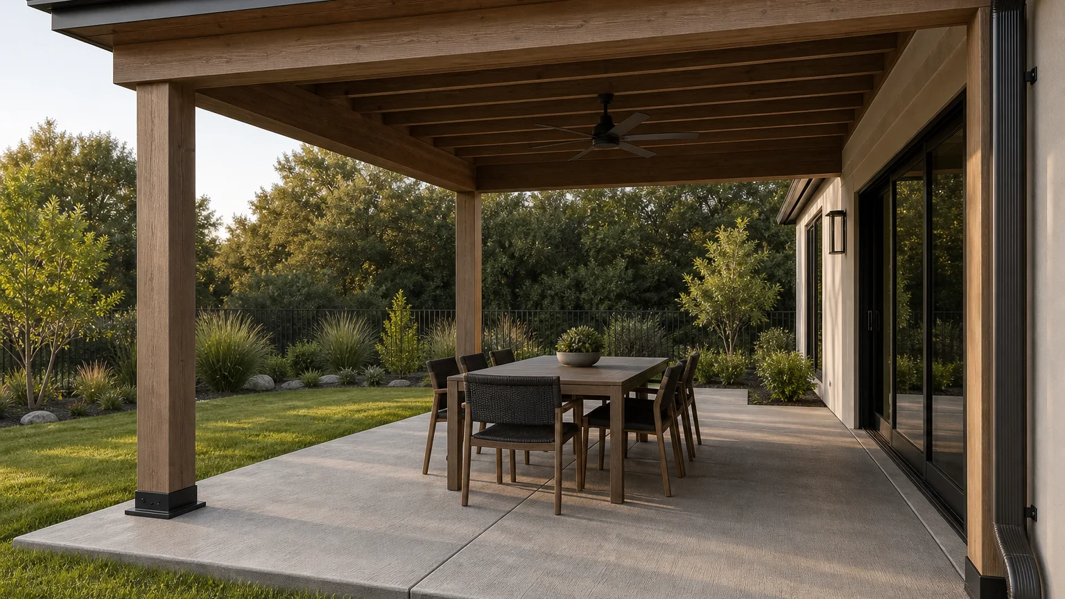 Covered concrete patio with a dining table, ceiling fan, and a planted backyard view.