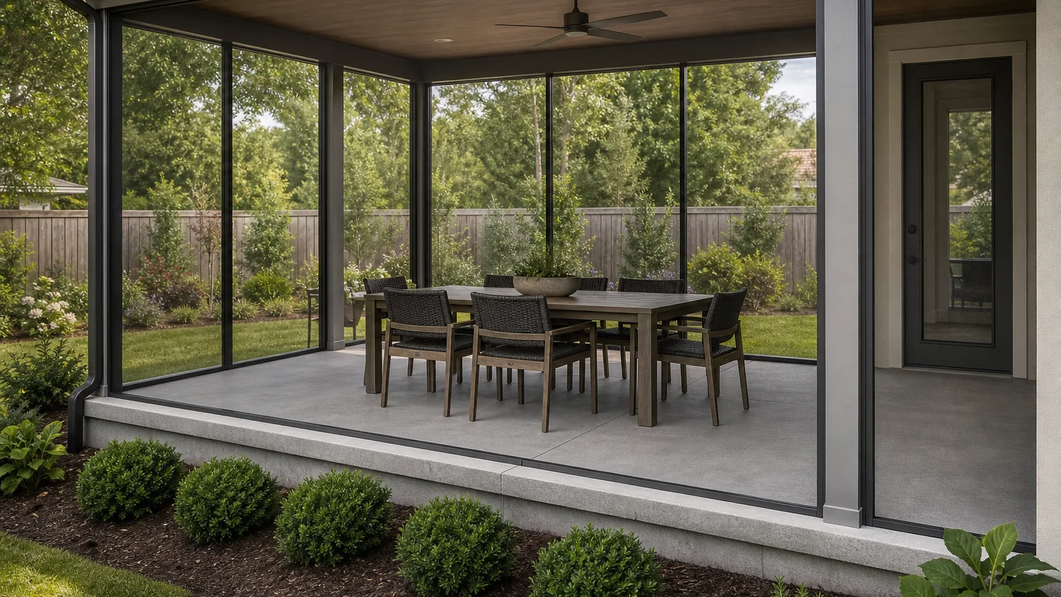 Covered concrete patio with screened sides, a dining table, and soft garden planting.