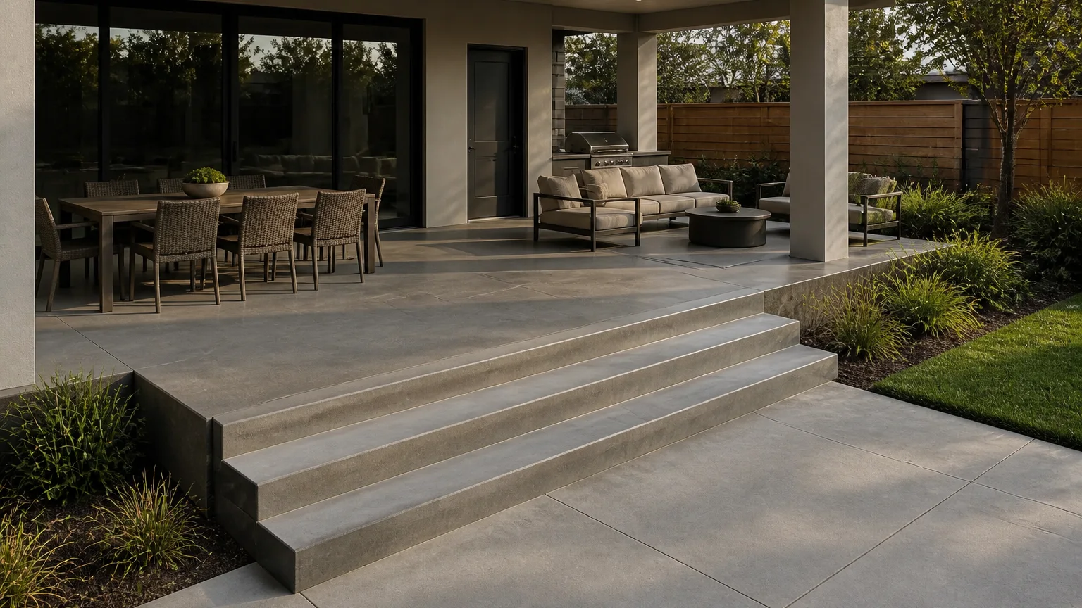 Covered concrete patio with broad garden steps and a low planting terrace beyond.