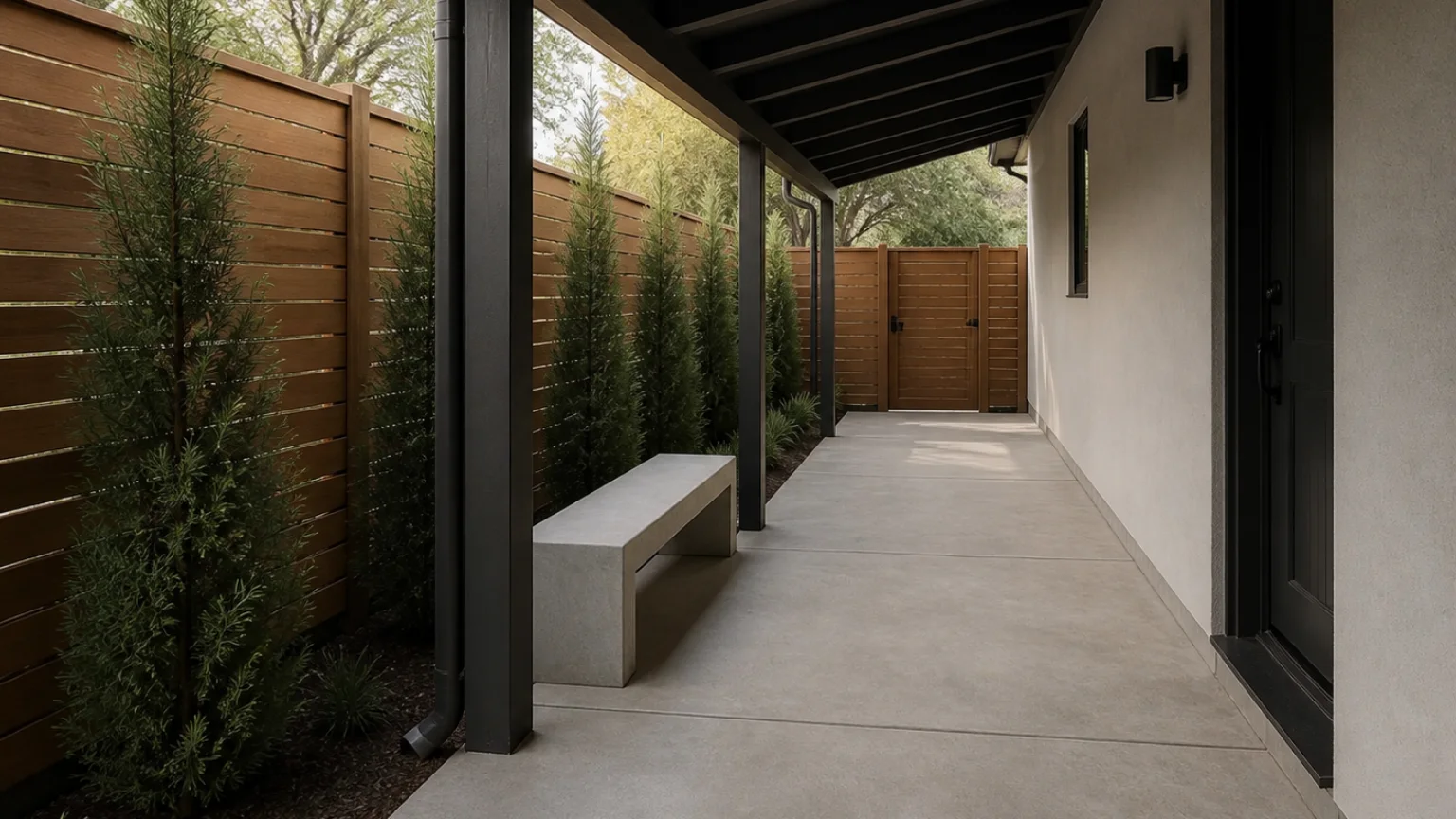 Covered concrete side-yard retreat with a compact bench, privacy screen, and tall planting.