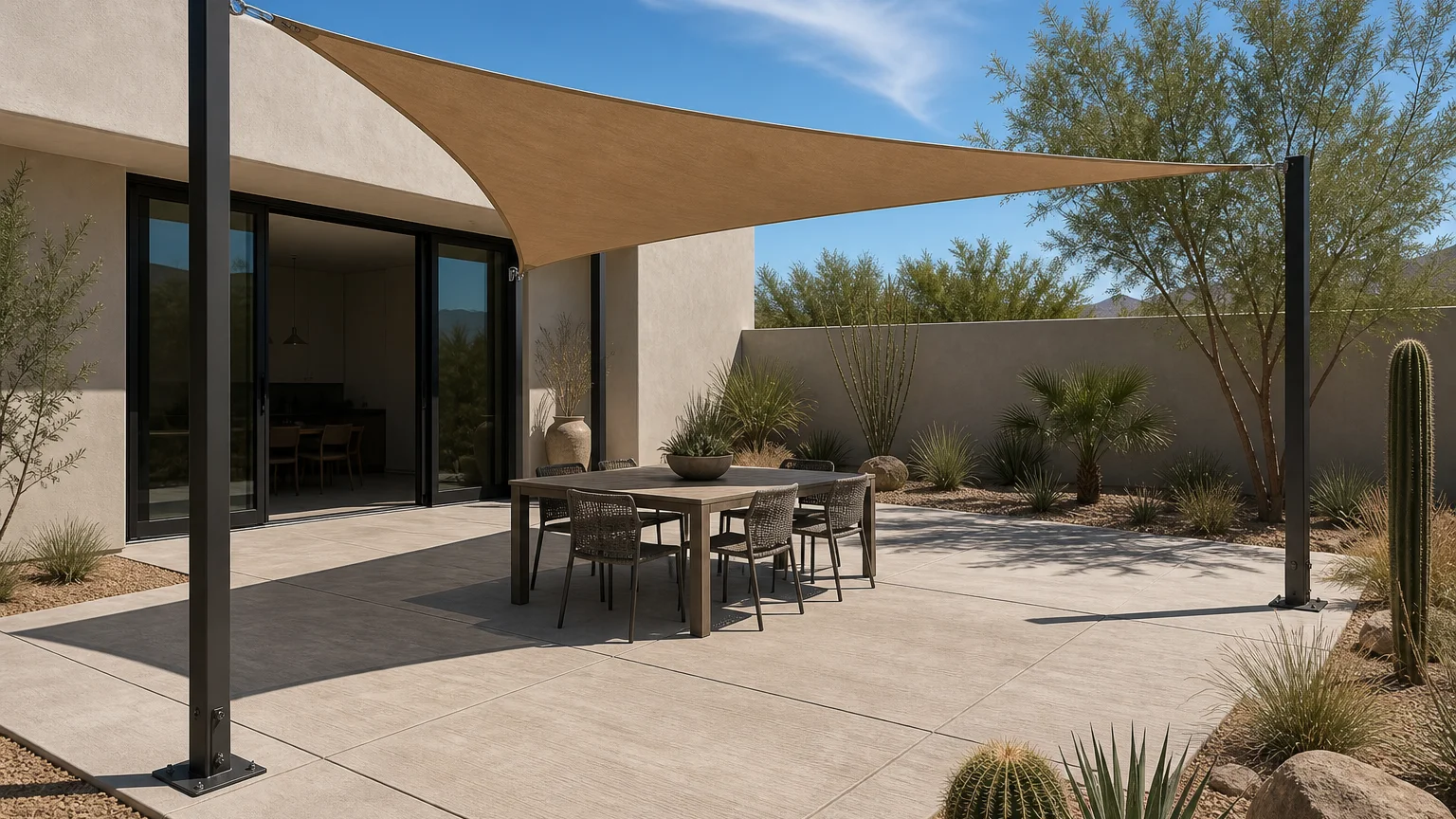 Desert concrete dining patio with a tensioned shade sail, simple table, and drought-tolerant planting.
