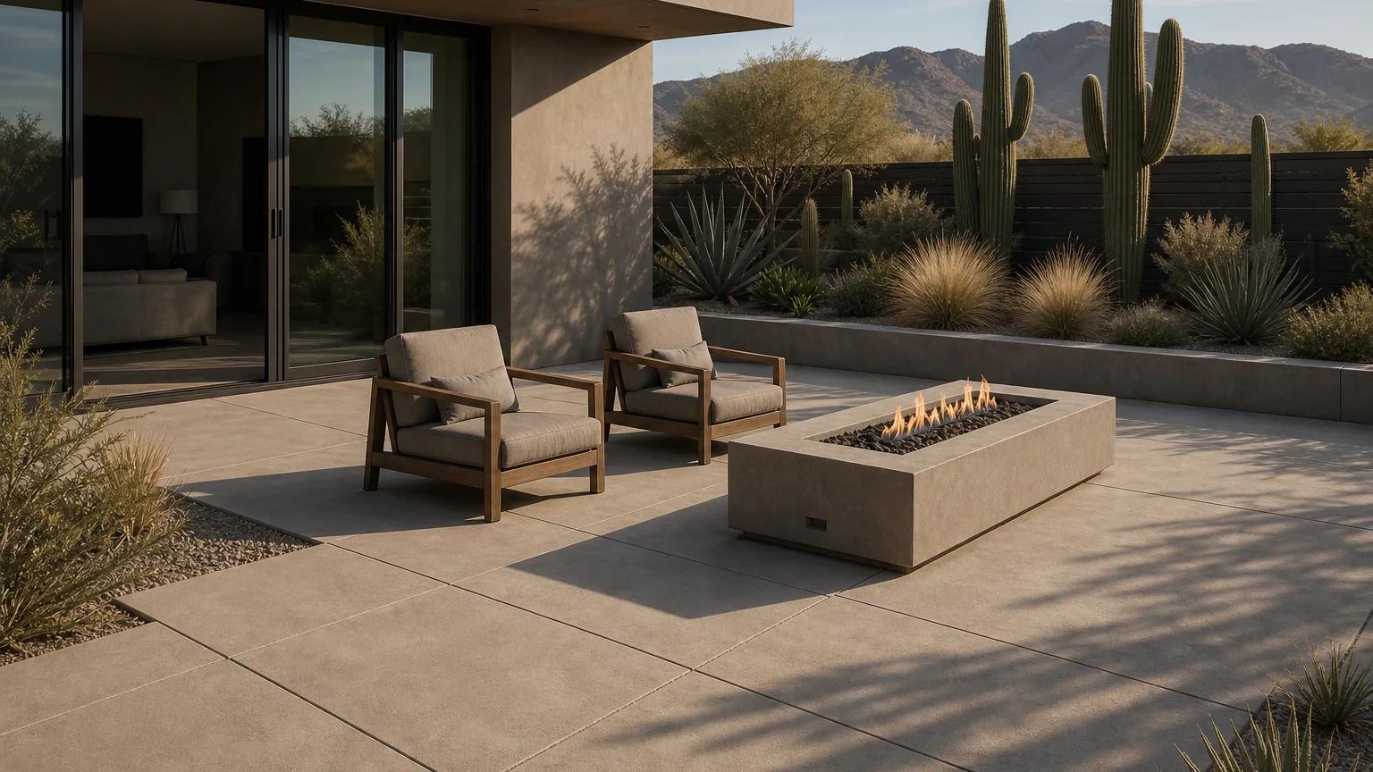 Desert-modern concrete fire terrace with low seating, cacti, and warm-toned concrete panels.