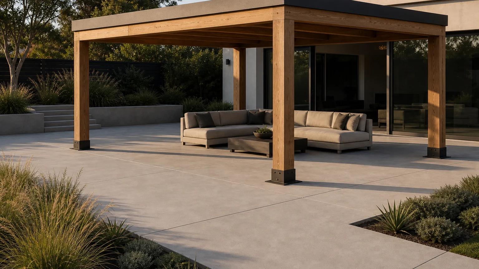 Freestanding timber and steel pavilion on a concrete terrace with a lounge and garden views.