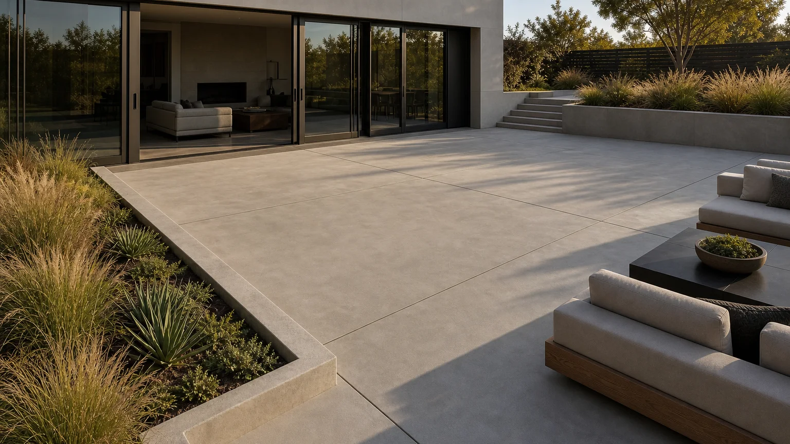 Indoor-outdoor concrete lounge courtyard with broad panels, low seating, and layered contemporary planting.