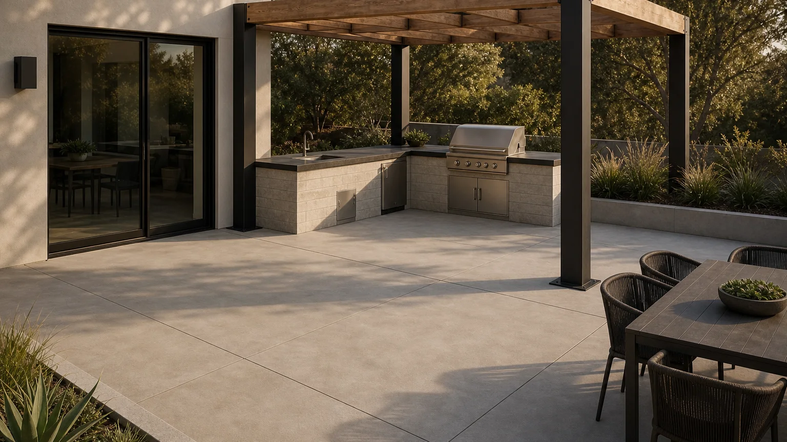 L-shaped outdoor kitchen on a concrete patio beneath an open timber and steel pergola.