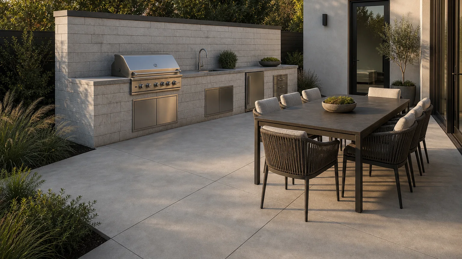Linear masonry outdoor kitchen on a concrete patio with a dining table and low planting.