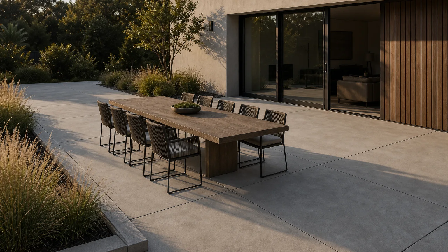 Concrete outdoor dining terrace with a long table, structured planting, and a contemporary rear facade.