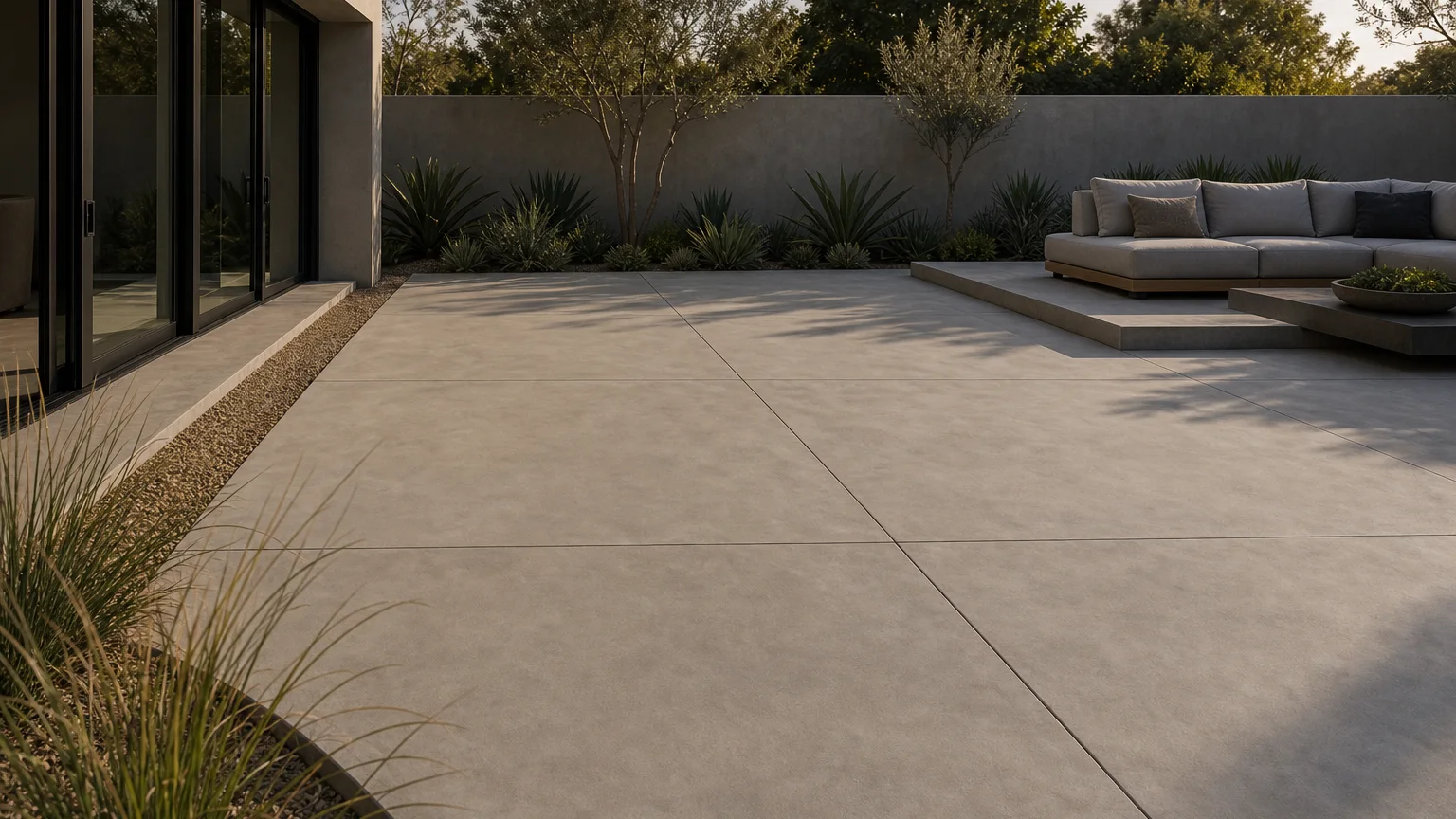 Minimal concrete lounge courtyard with a narrow gravel strip, low sofa, and drought-tolerant planting.