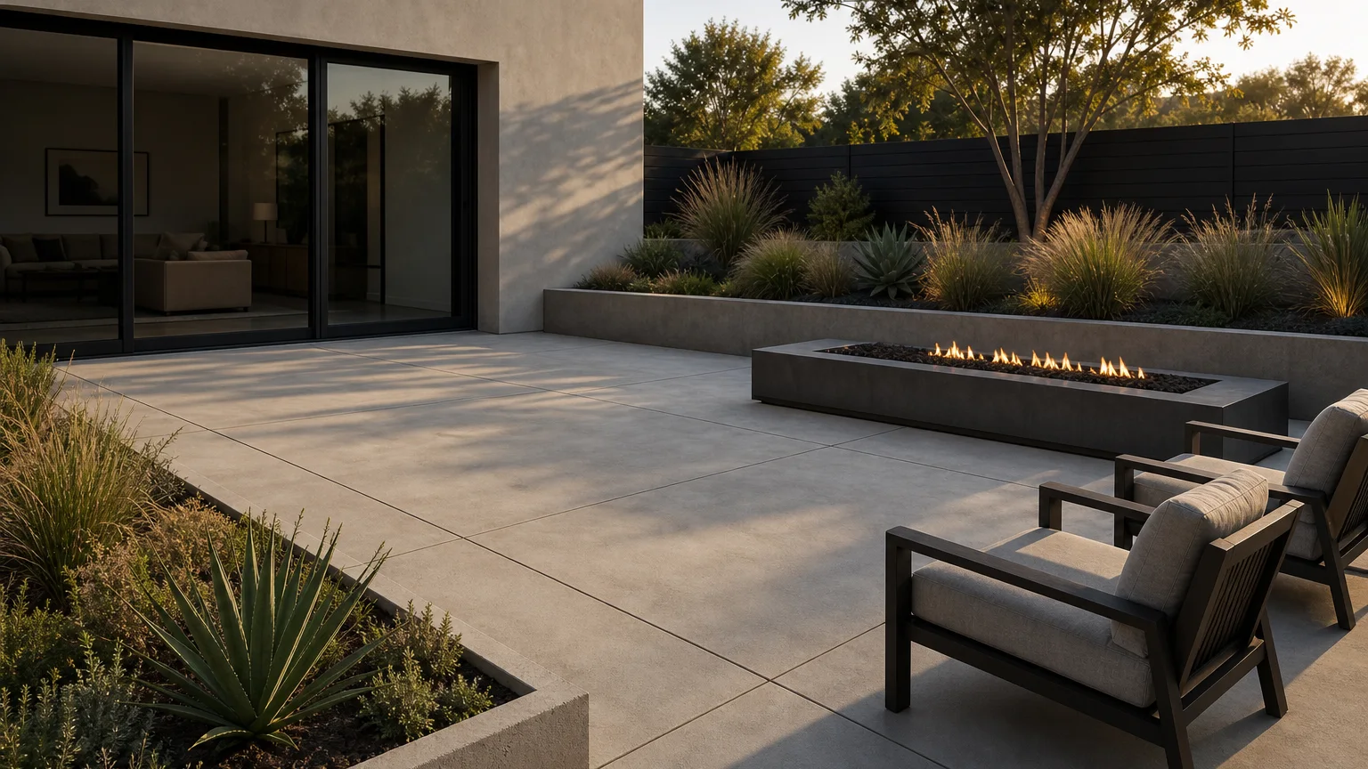 Modern concrete patio with a low linear gas fire feature, lounge chairs, and restrained planting.