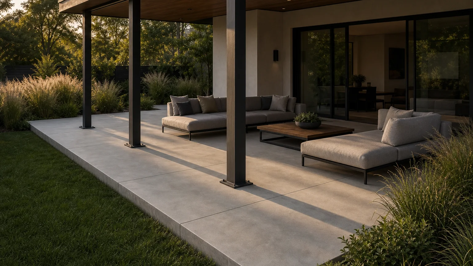 Modern covered concrete patio with lounge seating, black steel posts, and structured planting.