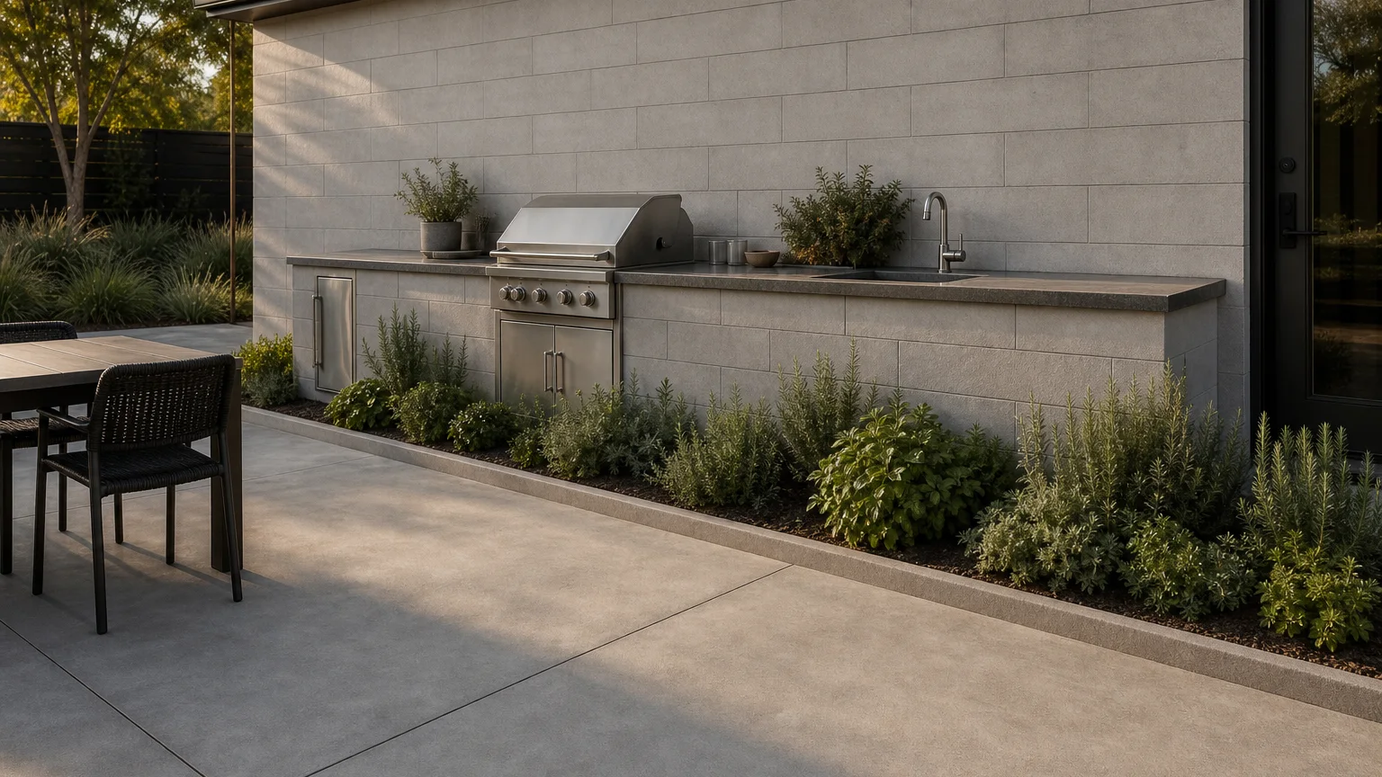 Outdoor kitchen wall with a low herb planter band and a concrete patio dining zone.