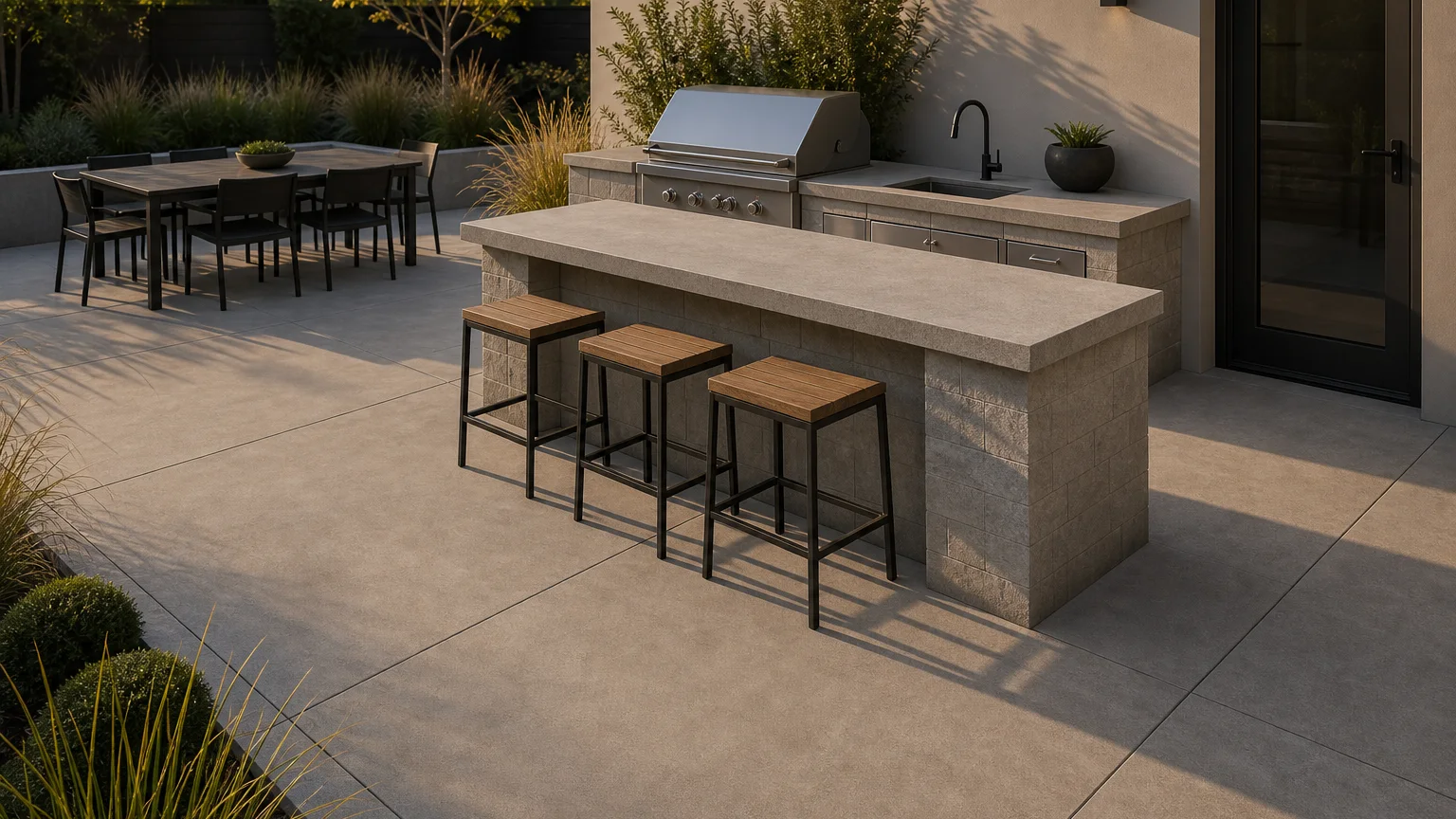 Concrete patio with an outdoor kitchen island, bar seating, and a planted backyard edge.
