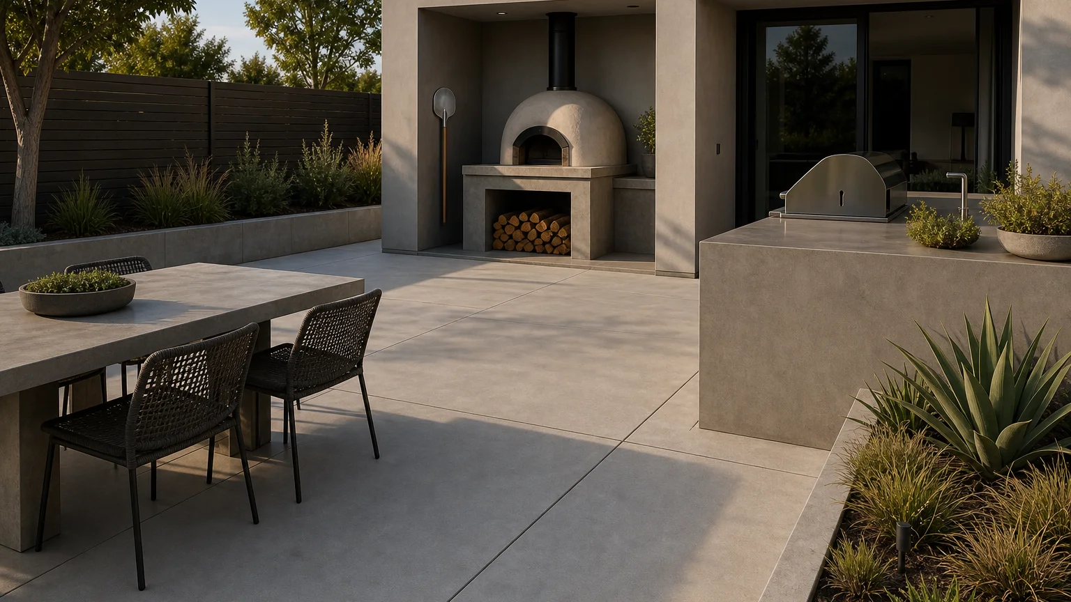 Concrete patio outdoor kitchen with a masonry pizza oven alcove and dining area.
