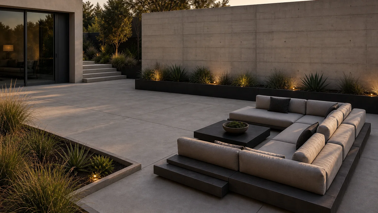Modern concrete backyard media terrace with low lounge seating, blank screen wall, and planting.