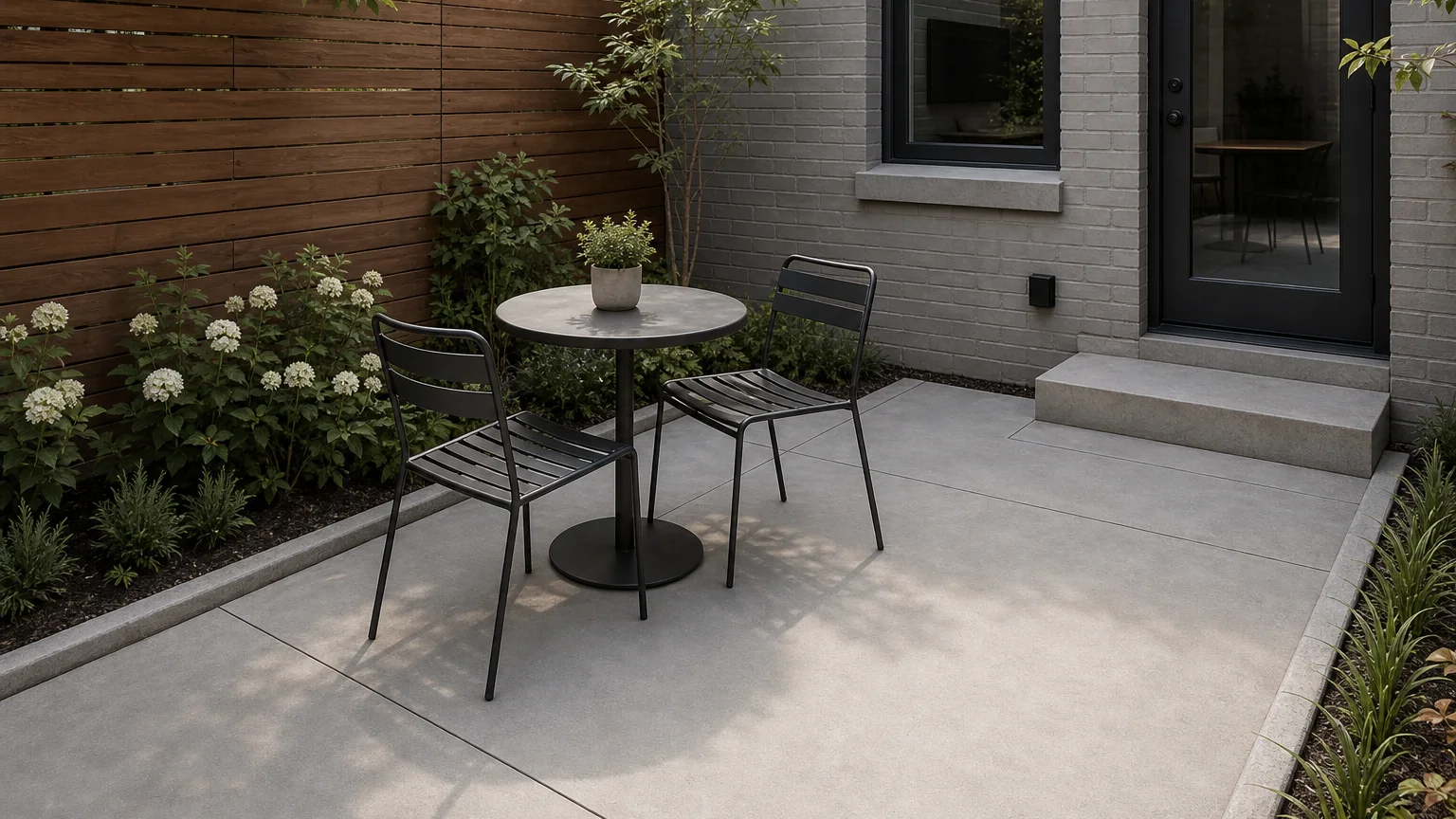 Small concrete courtyard with a bistro table, cedar screen, and flowering planting.