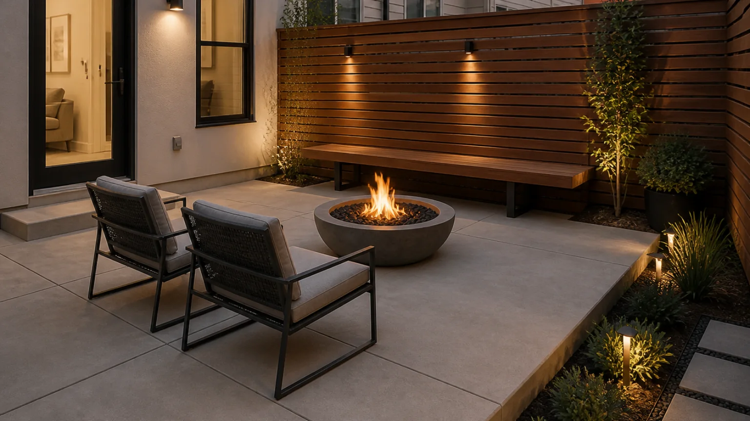 Small concrete courtyard with a compact gas fire bowl, built-in bench, and privacy planting.