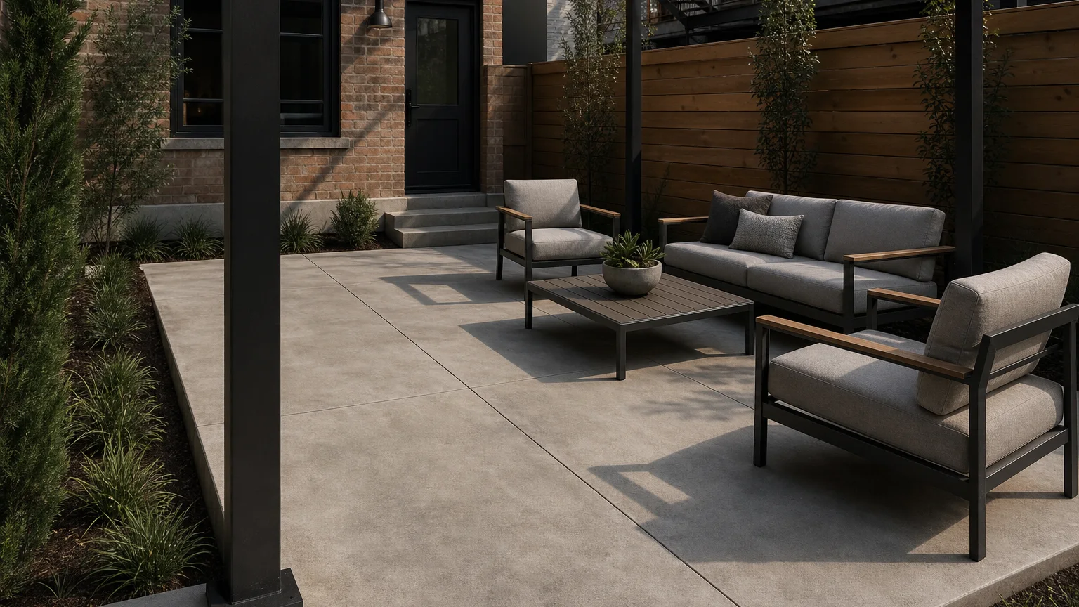 Small urban concrete lounge courtyard with compact furniture, narrow planting, and a slim shade frame.