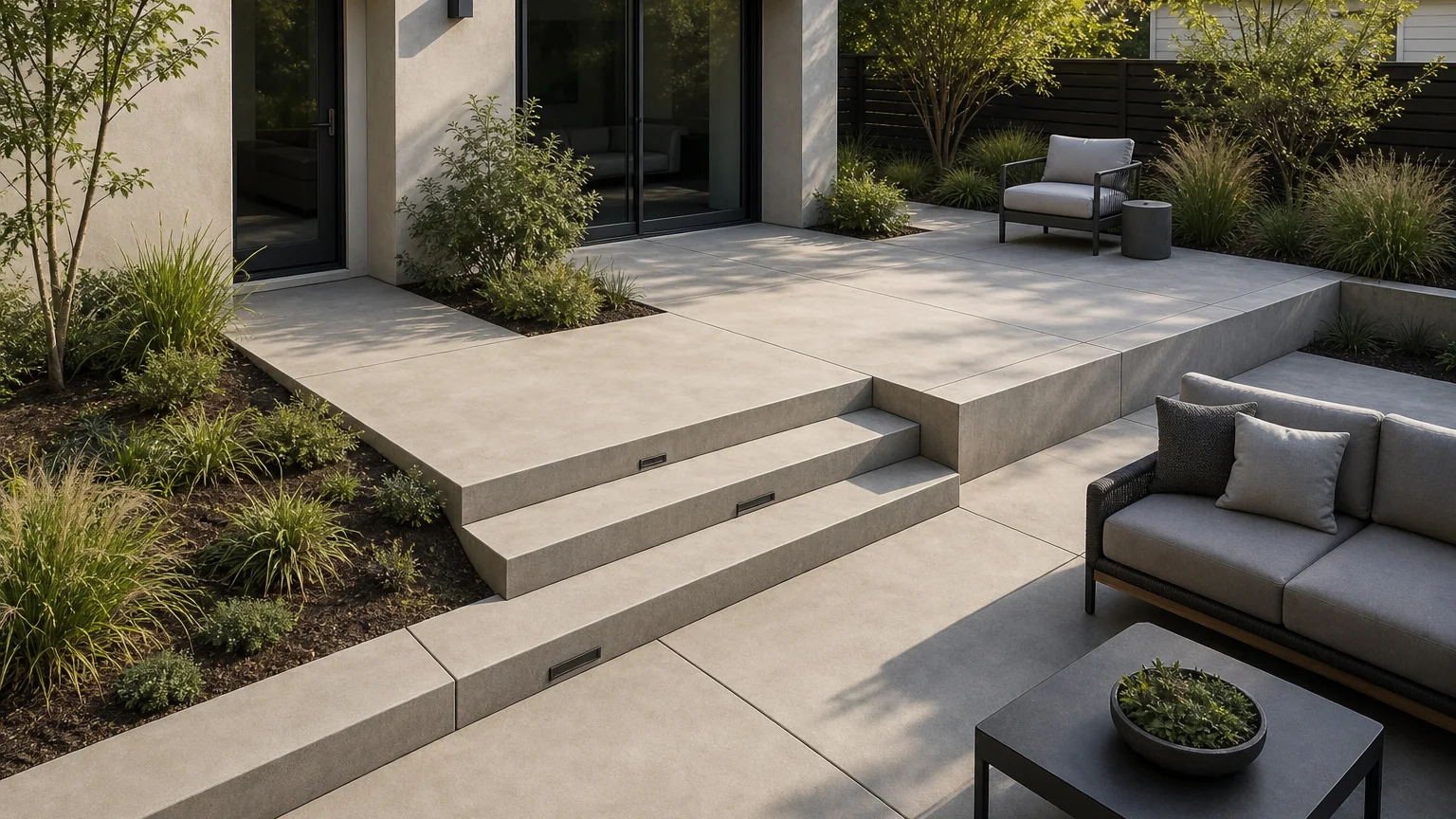 Split-level concrete lounge courtyard with broad low steps and planted edges on a gentle backyard slope.