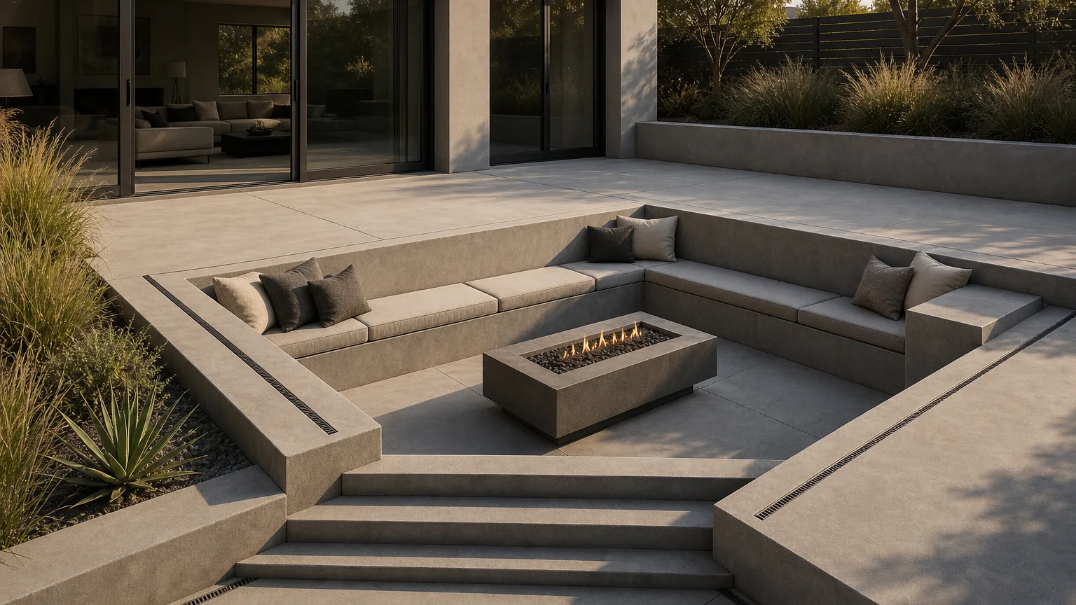 Shallow sunken concrete fire court with built-in seating, discreet slot drains, and modern planting.