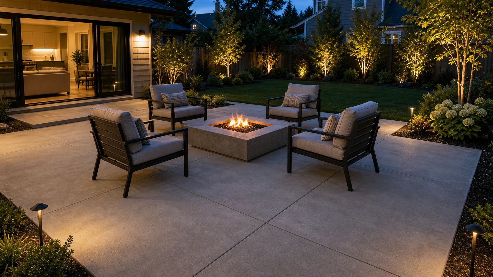 Concrete conversation patio with a central gas fire pit and four outdoor lounge chairs.